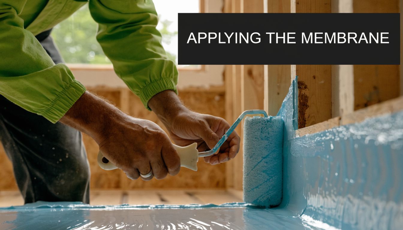 A professional construction worker using a paint roller to apply blue waterproof membrane to wooden wall frames.