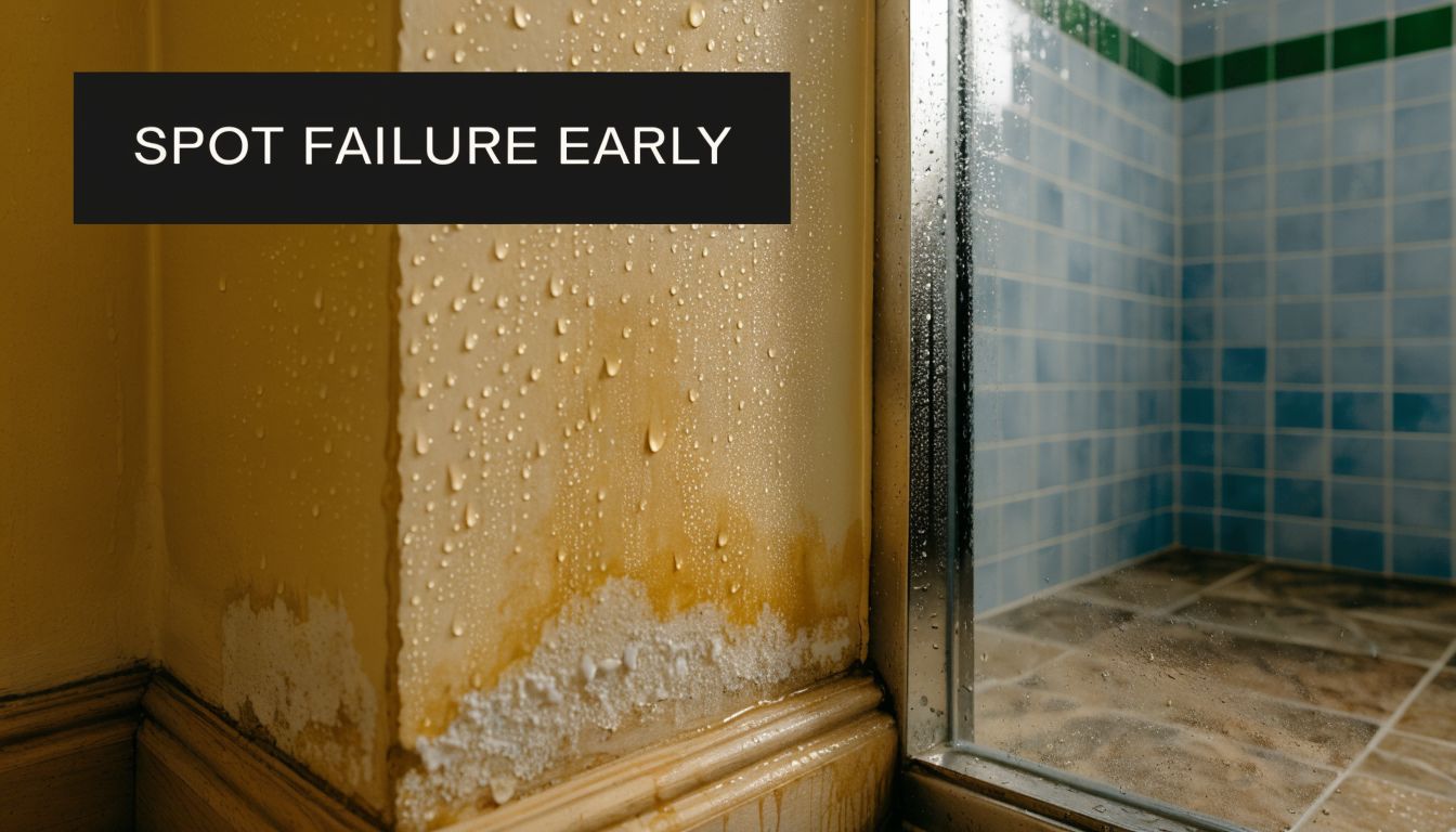 A yellow wall with visible water damage, salt deposits, and condensation next to a glass shower door.