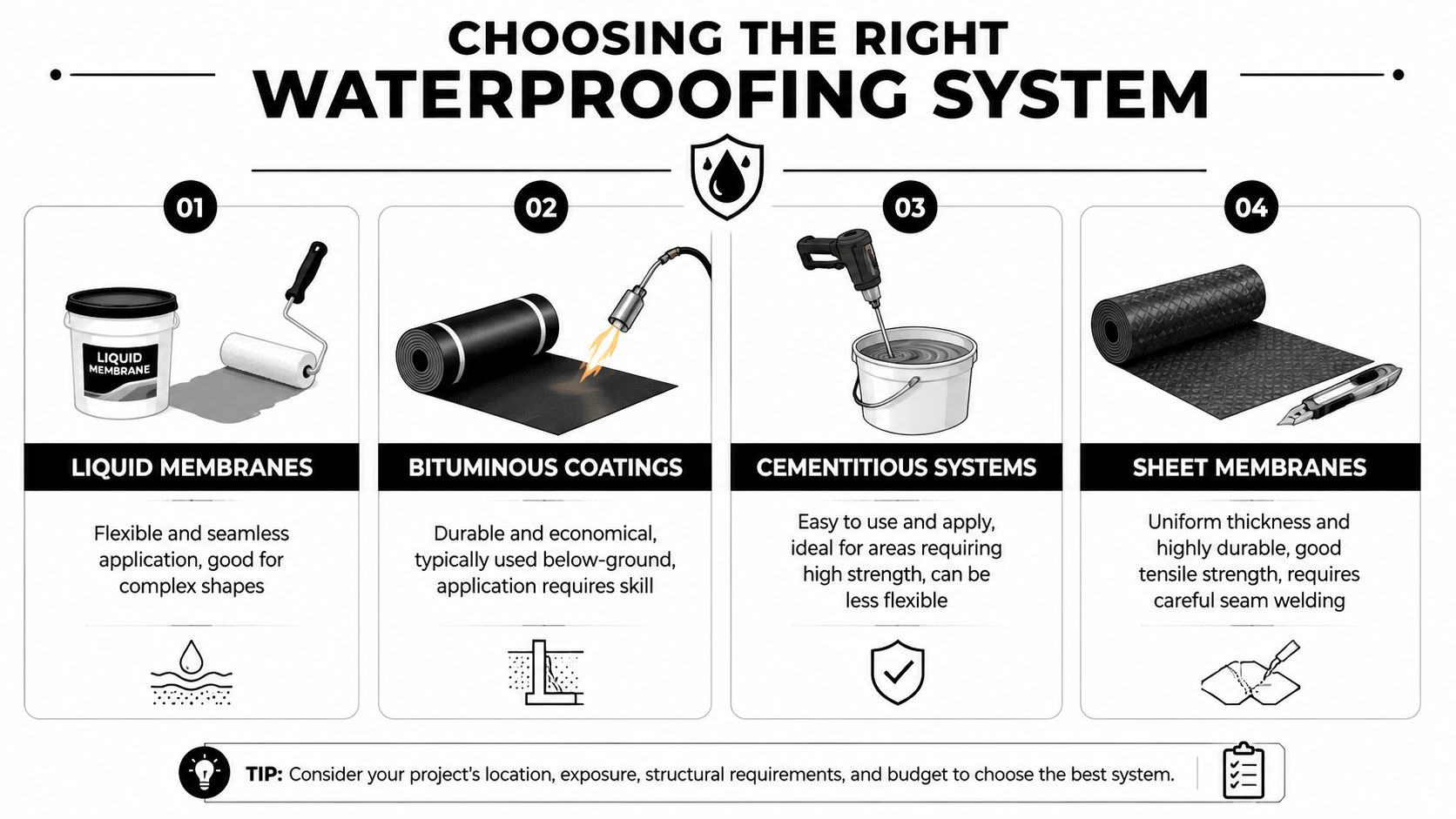 A guide illustrating four common types of waterproofing systems for construction and building maintenance projects.