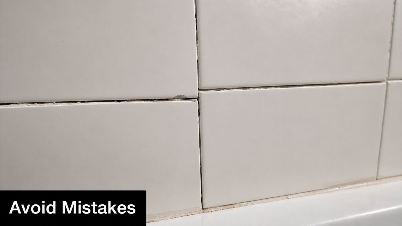 A close-up view of white bathroom wall tiles showing a cracked corner and poor grouting work.