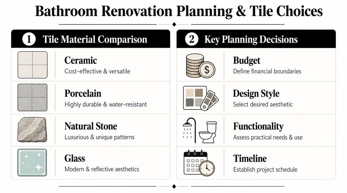 An infographic titled Bathroom Renovation Planning and Tile Choices listing material types and key planning decisions.