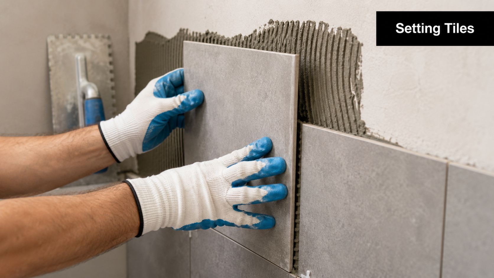 A tiler wearing blue and white gloves carefully setting a grey ceramic tile onto a mortar-covered wall.