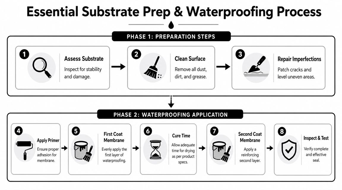 An infographic detailing the eight steps of the essential substrate preparation and waterproofing process for construction.