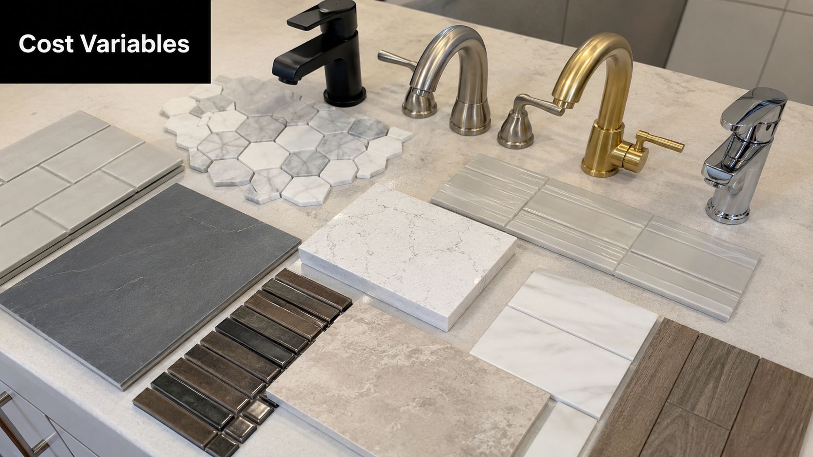 An assortment of interior design material samples, including faucets, tiles, and stone countertop slabs for renovation.