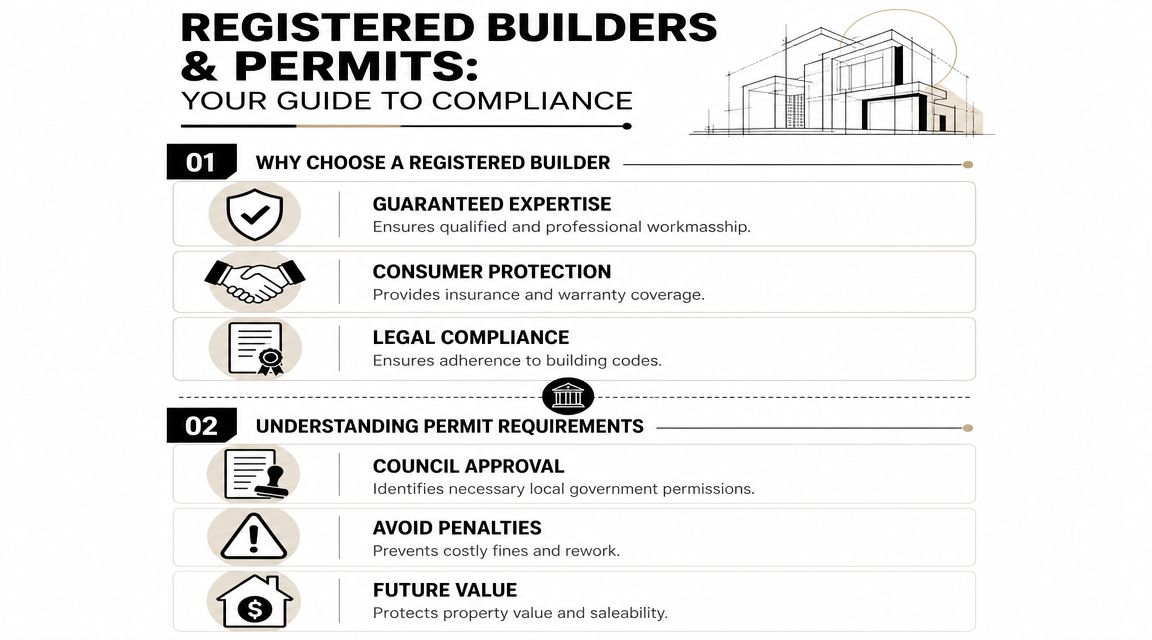An infographic titled Registered Builders and Permits guiding homeowners on construction compliance and building requirements.