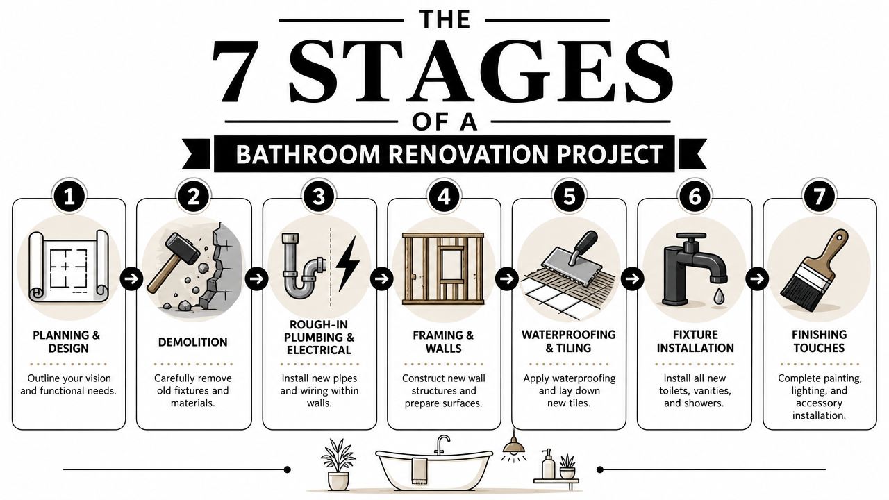 An infographic illustrating the seven essential stages of a professional bathroom renovation project from planning to finishing.