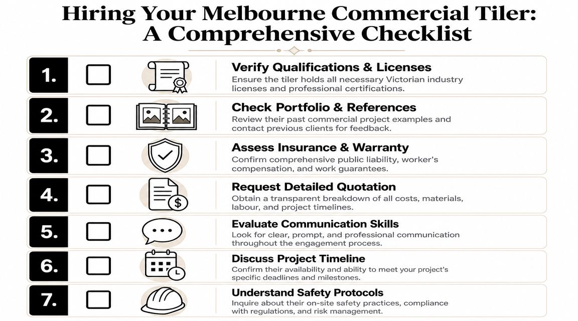 A checklist infographic outlining seven essential steps for hiring professional commercial tilers in Melbourne, Victoria.