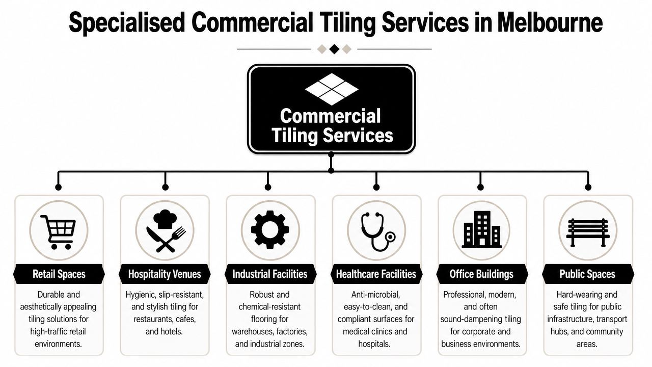 A diagram illustrating diverse commercial tiling services offered in Melbourne for various facility types and environments.