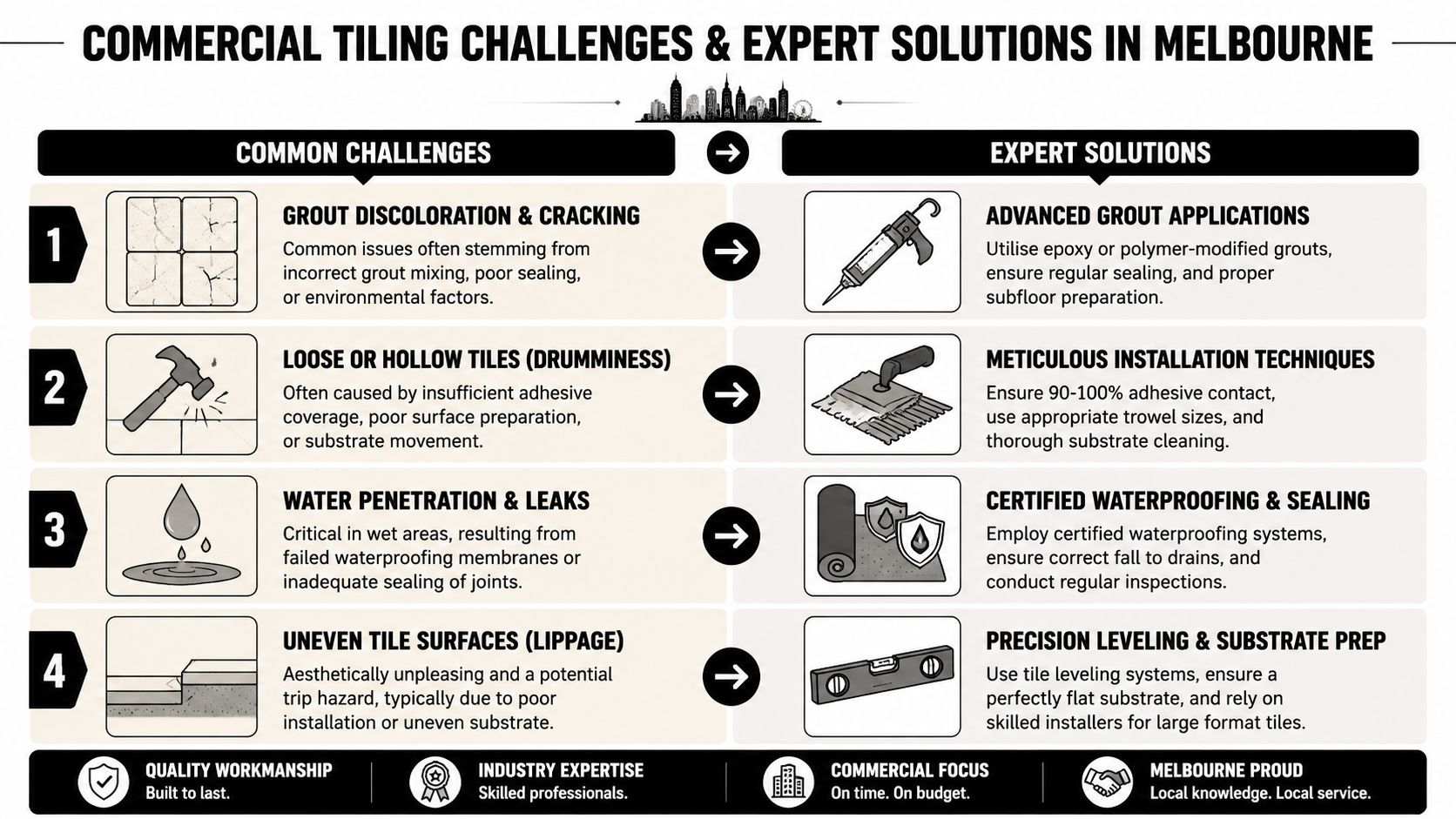 A professional infographic highlighting common commercial tiling challenges and expert solutions provided by Melbourne tilers.