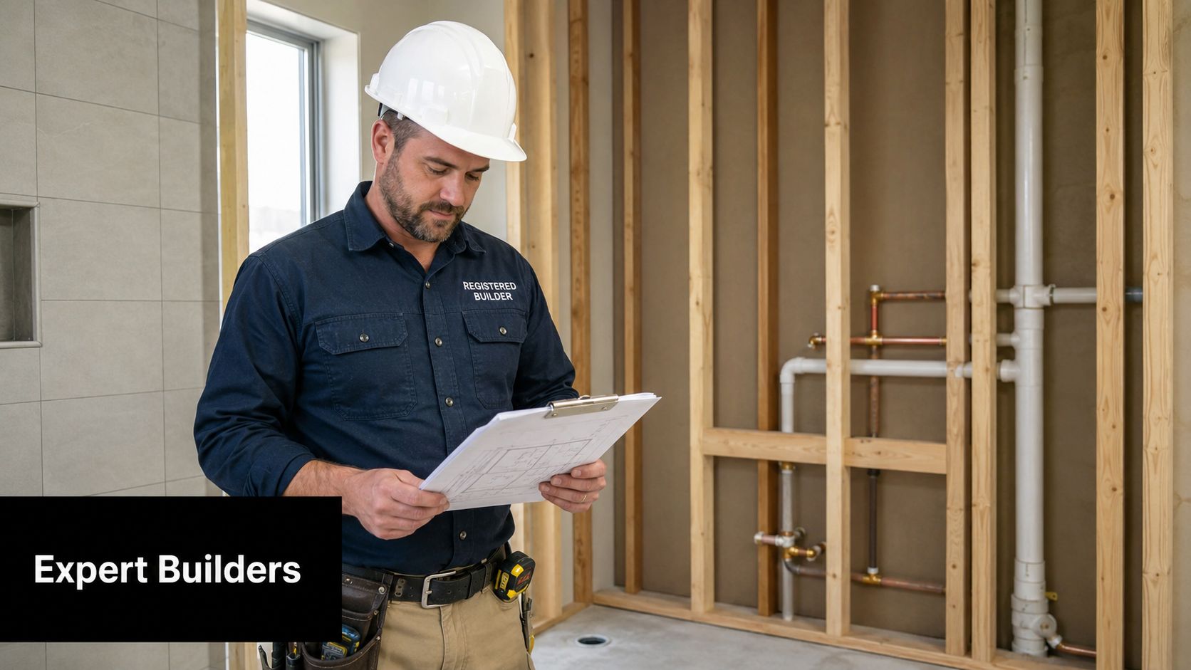 A professional builder in a hard hat reviews architectural blueprints on a construction site for a bathroom renovation.