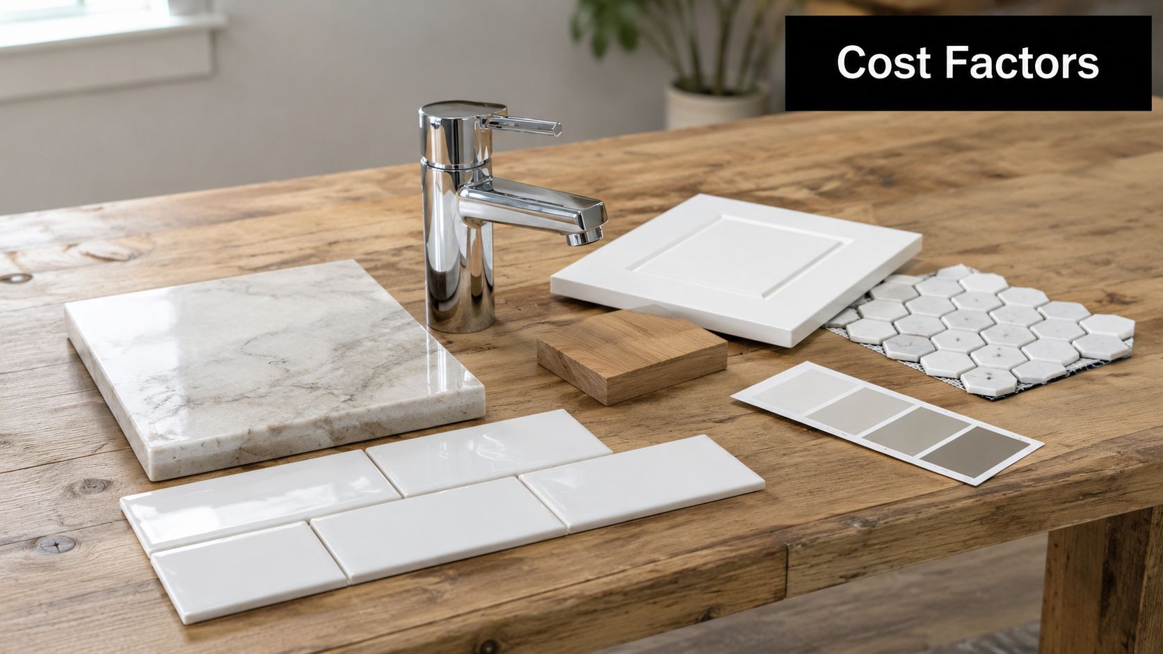 A collection of bathroom renovation materials including marble, subway tiles, a chrome faucet, and paint swatches.