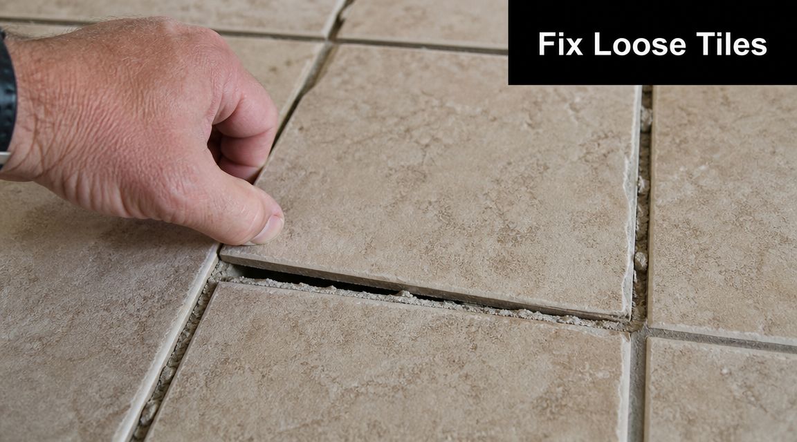 A person's hand pressing down on a loose stone tile needing repair on a tiled floor.