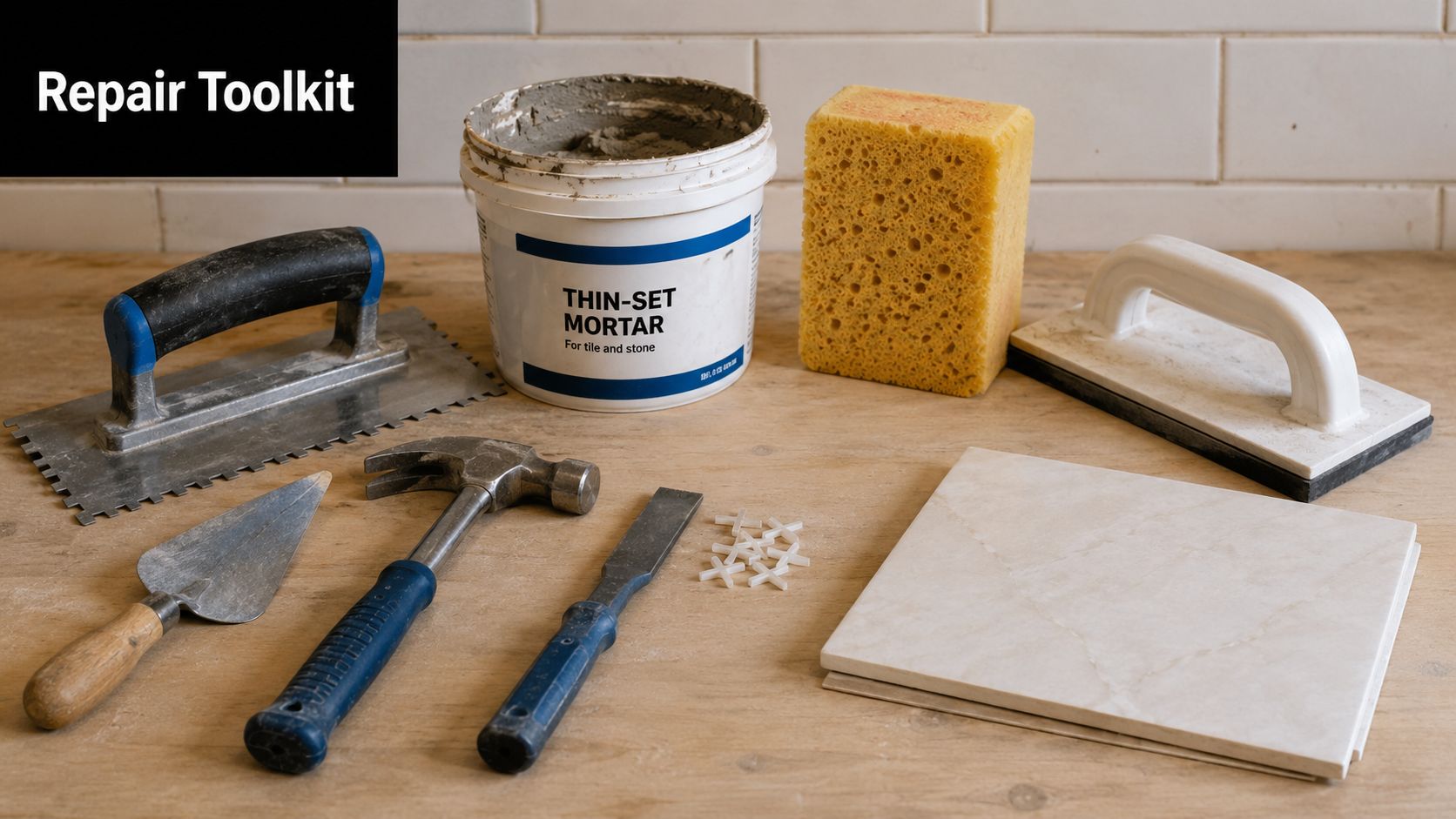 A professional tile repair toolkit with thin-set mortar, trowels, hammer, chisel, and ceramic tiles on wood.