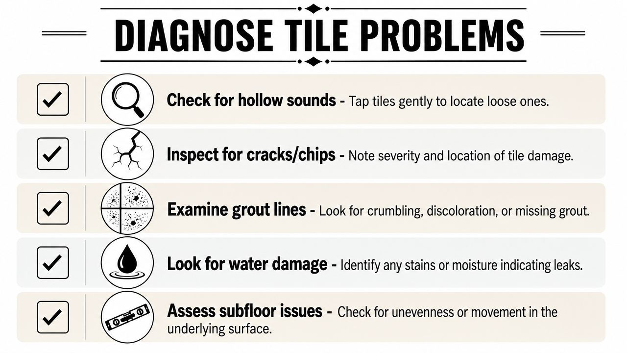 A checklist infographic titled Diagnose Tile Problems with icons showing how to inspect for common floor damage.