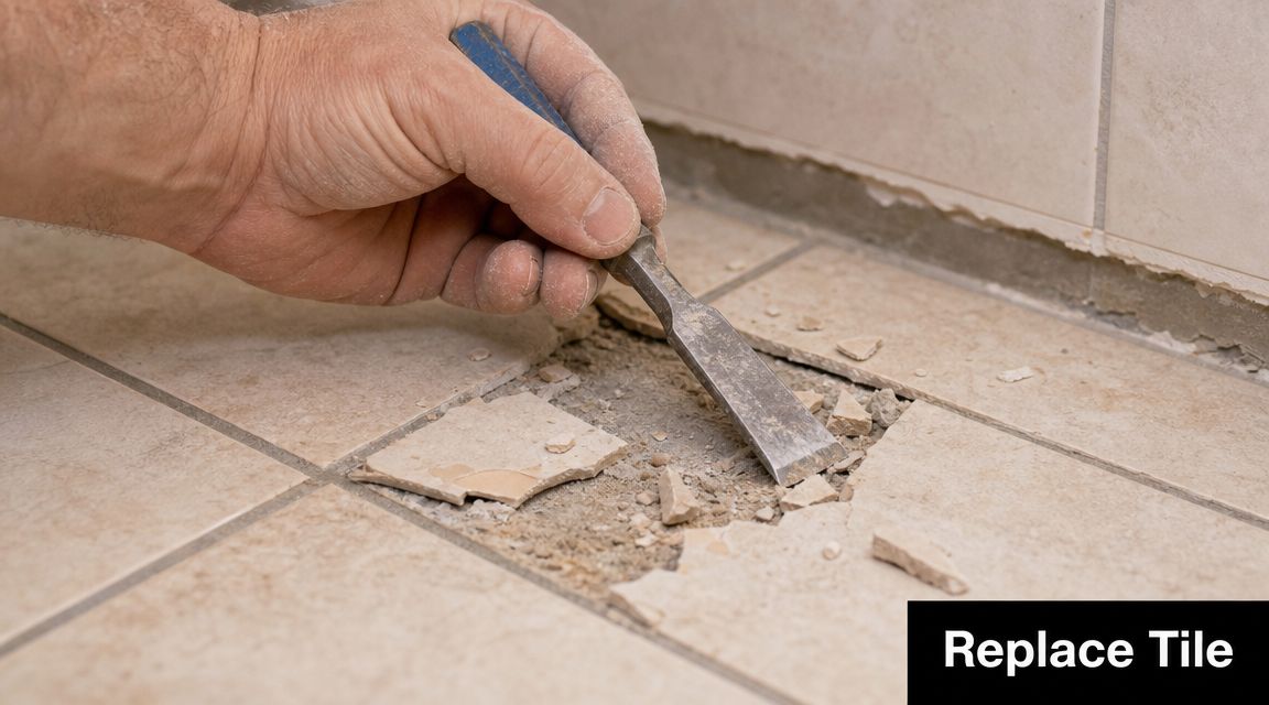 A person using a chisel to remove a damaged ceramic tile from a bathroom floor.