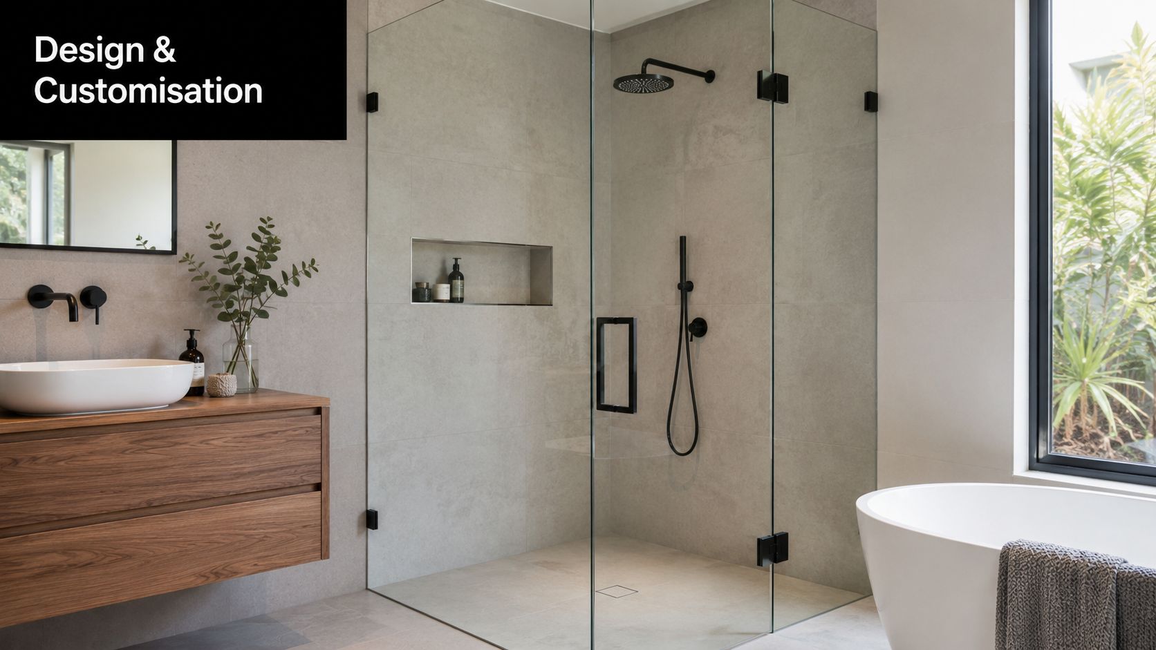 A modern bathroom featuring a frameless glass shower screen, wooden vanity, and a freestanding white bathtub.