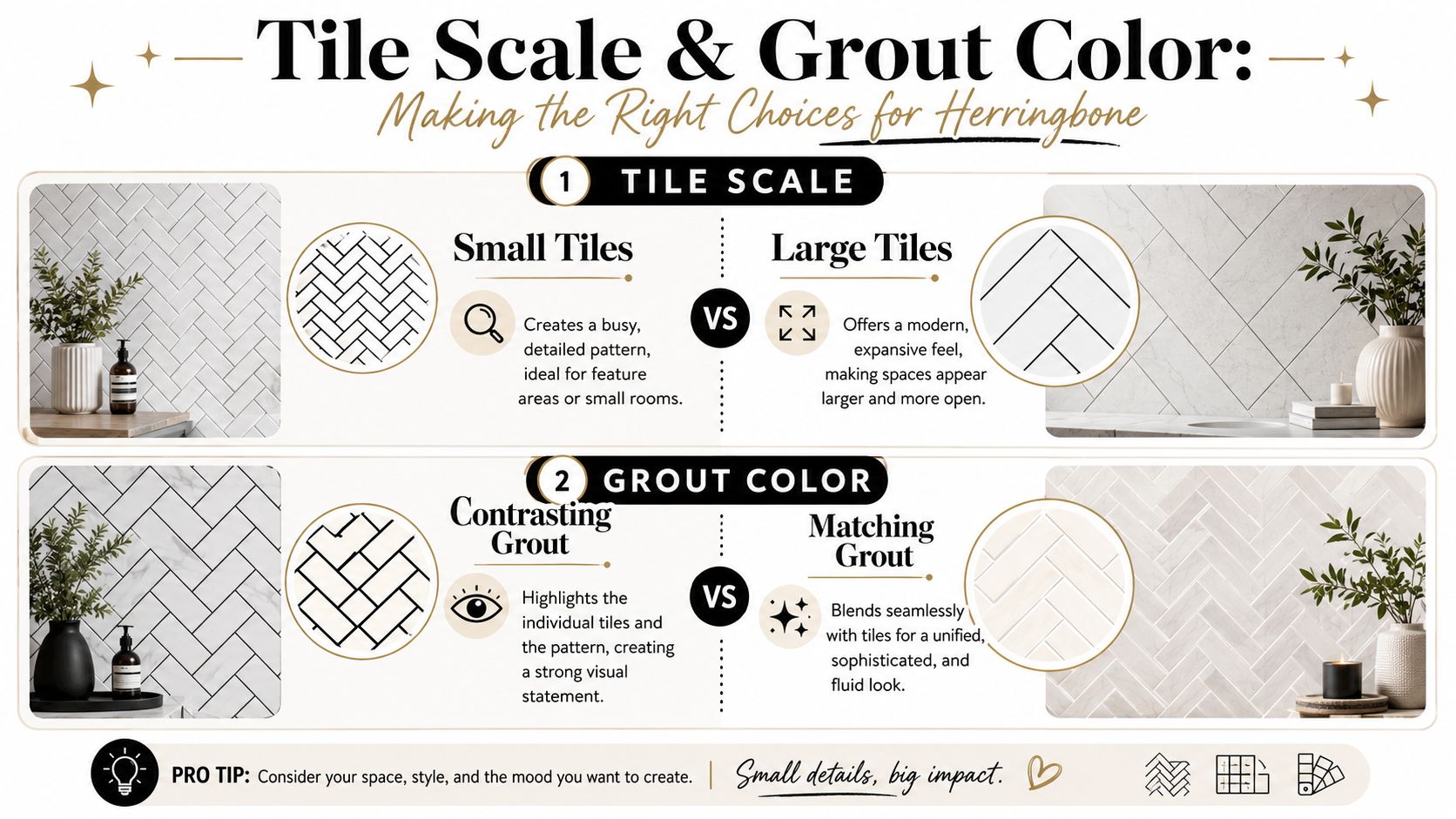A comparison guide for herringbone tile patterns, focusing on tile scale and grout color choice for interior design.