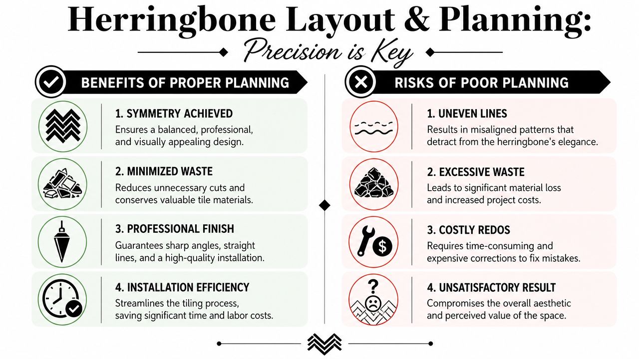 An infographic comparing the benefits and risks of planning for a herringbone tile layout installation.