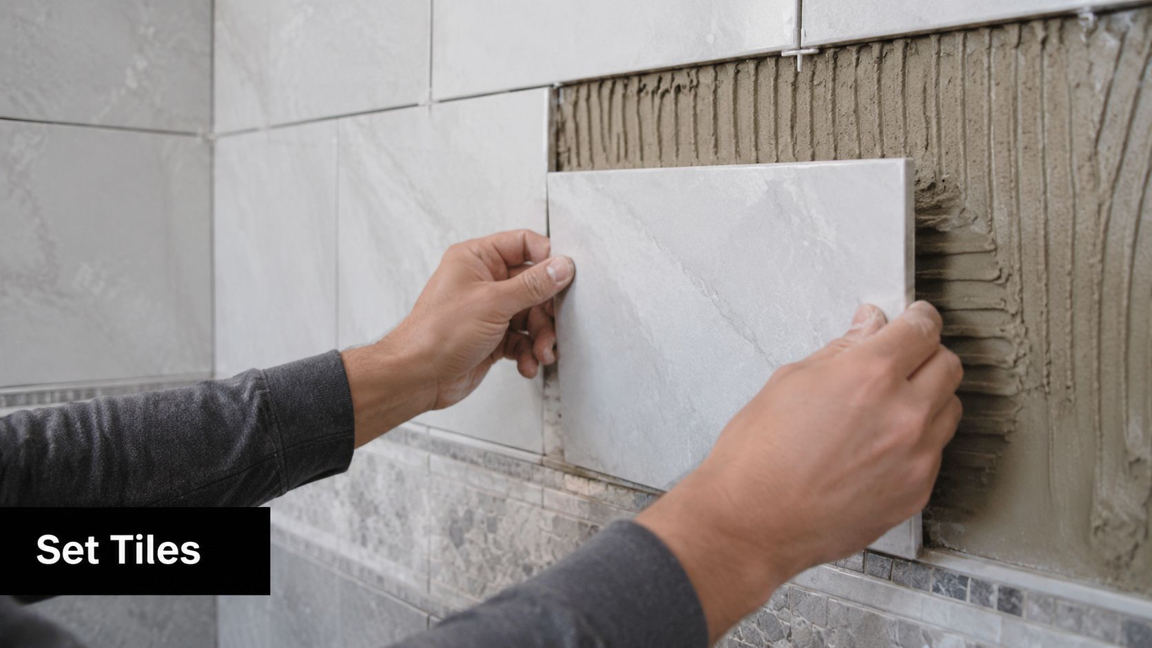 A tiler carefully installs a grey marble-look wall tile onto mortar during a bathroom renovation.