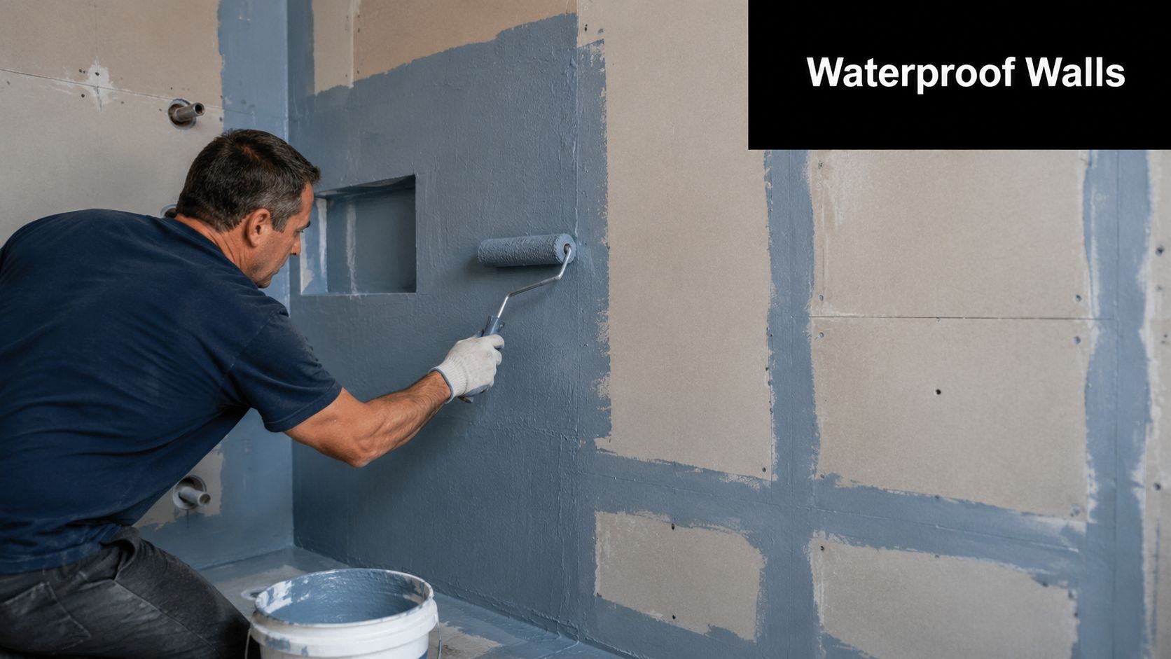 A professional construction worker applies waterproof membrane sealant onto bathroom wall boards using a paint roller.