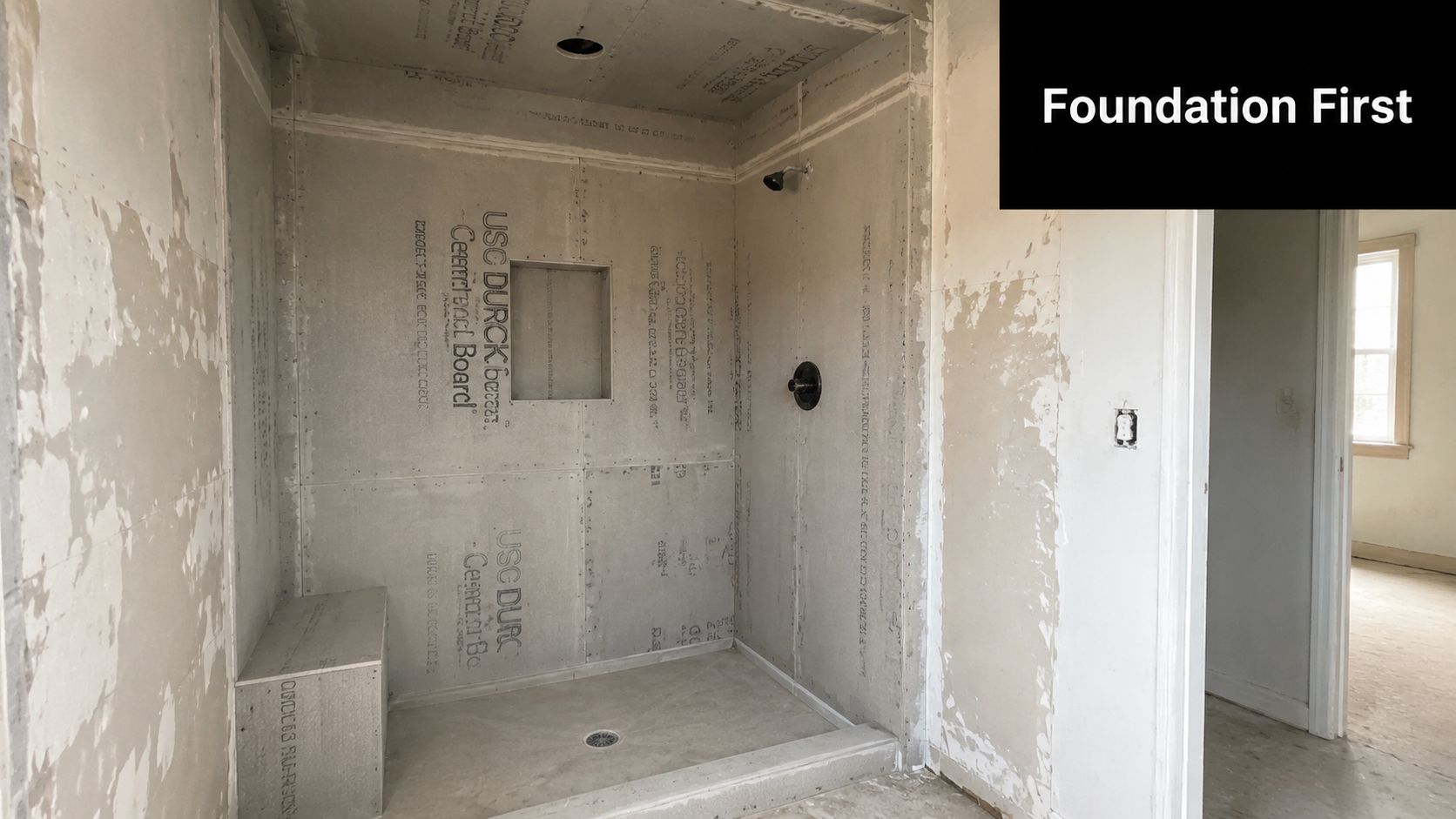 A shower under construction with cement board installed, a built-in bench, and a plumbing fixture ready.