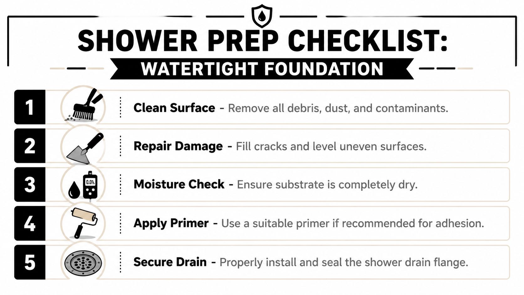 A five-step checklist for preparing a shower floor surface for a watertight foundation installation.