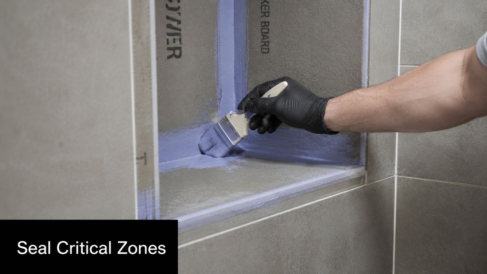 A professional construction worker uses a brush to apply blue waterproof sealant to a shower niche joint.