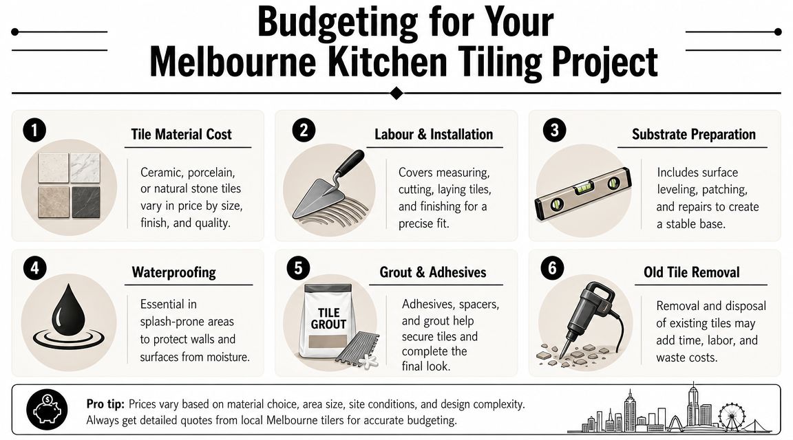 An infographic detailing six essential budget considerations for a kitchen tiling project in Melbourne, Australia.
