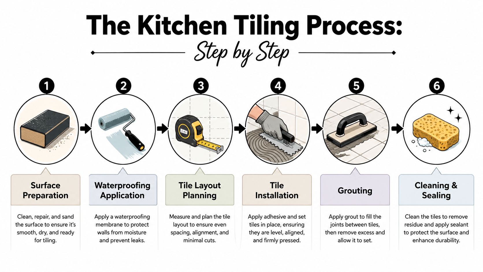 A step-by-step infographic illustrating the professional six-stage kitchen tiling process from preparation to final sealing.