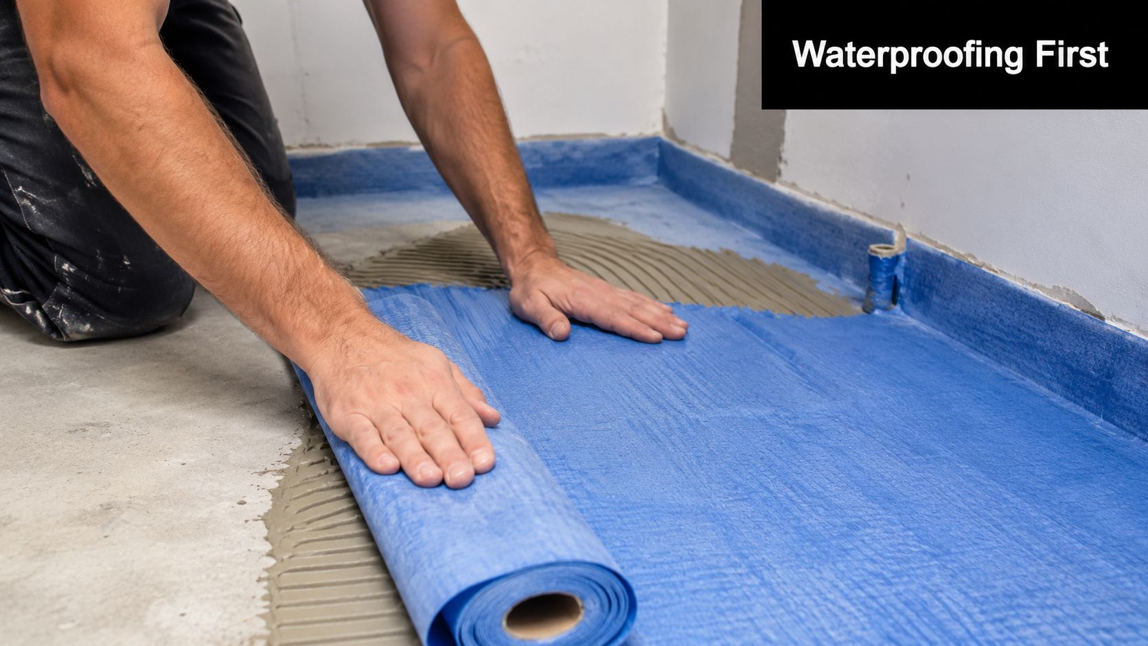 A professional installer lays down a blue waterproof membrane on a tiled surface during a home renovation.