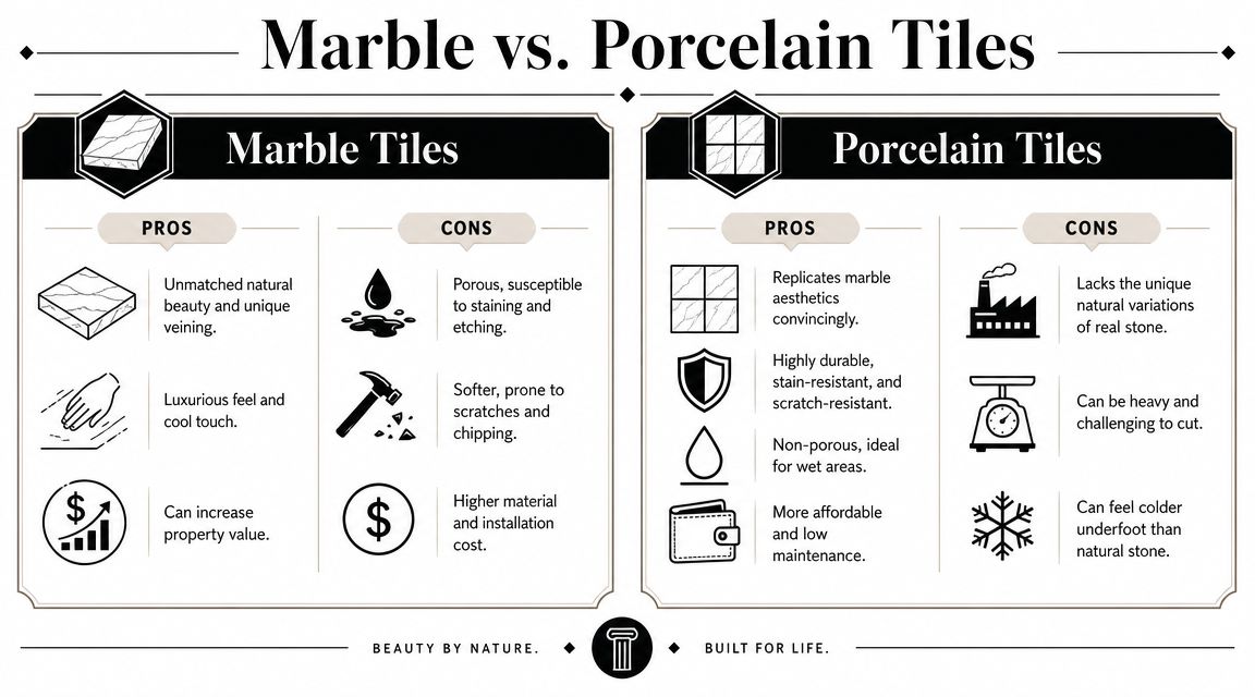 A comparison chart showing the pros and cons of using marble tiles versus porcelain tiles in homes.