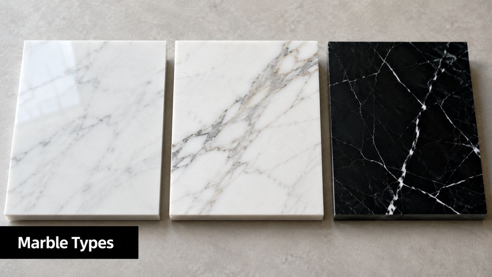 Three rectangular marble stone samples in white, off-white with veining, and black displayed on a table surface.