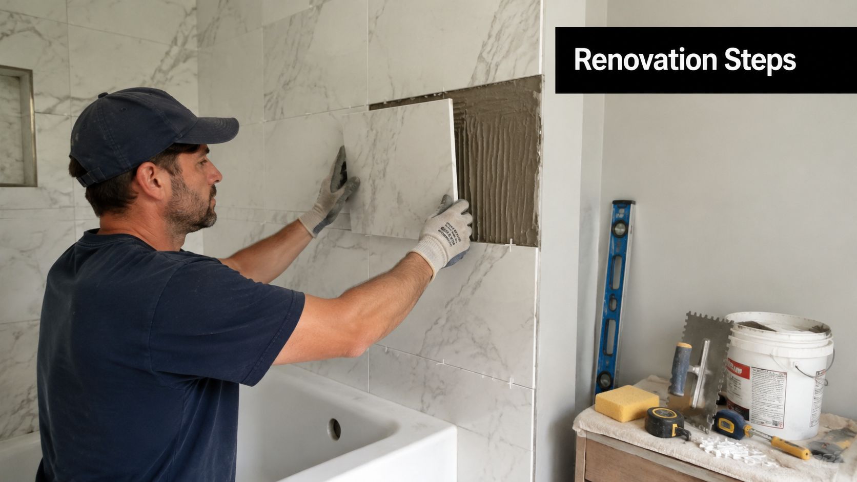 A professional construction worker carefully installing white marble bathroom wall tiles above a bathtub.