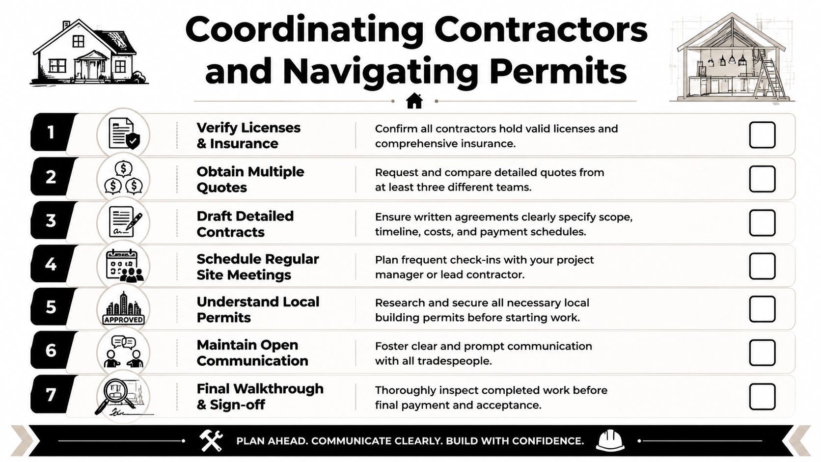 A checklist infographic titled Coordinating Contractors and Navigating Permits, outlining seven essential steps for managing home renovation projects.