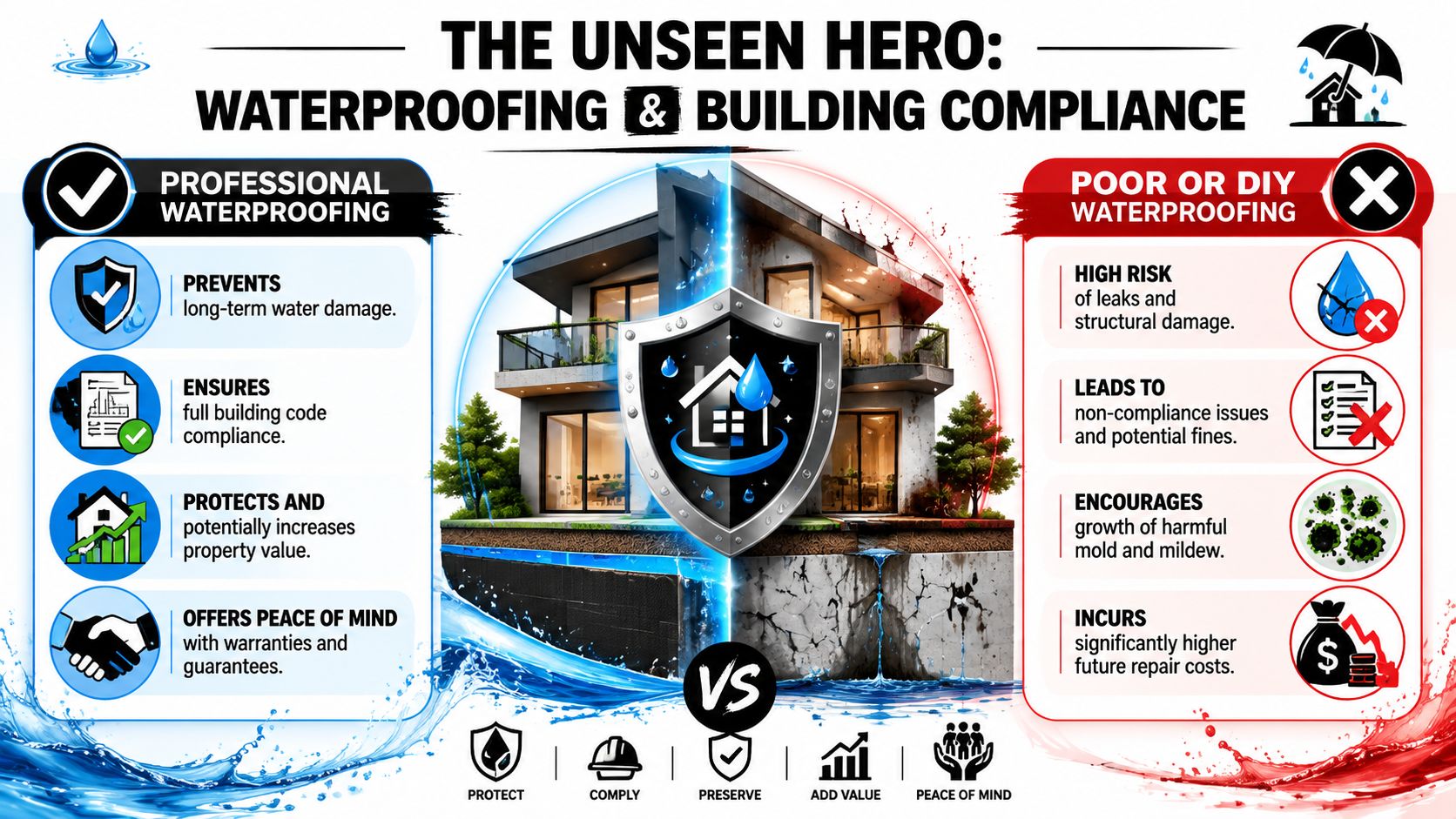 A split-view infographic comparing professional waterproofing benefits versus the risks of poor or DIY waterproofing methods.