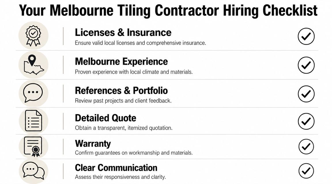 A checklist for hiring a tiling contractor in Melbourne, featuring tips on insurance, experience, and communication.