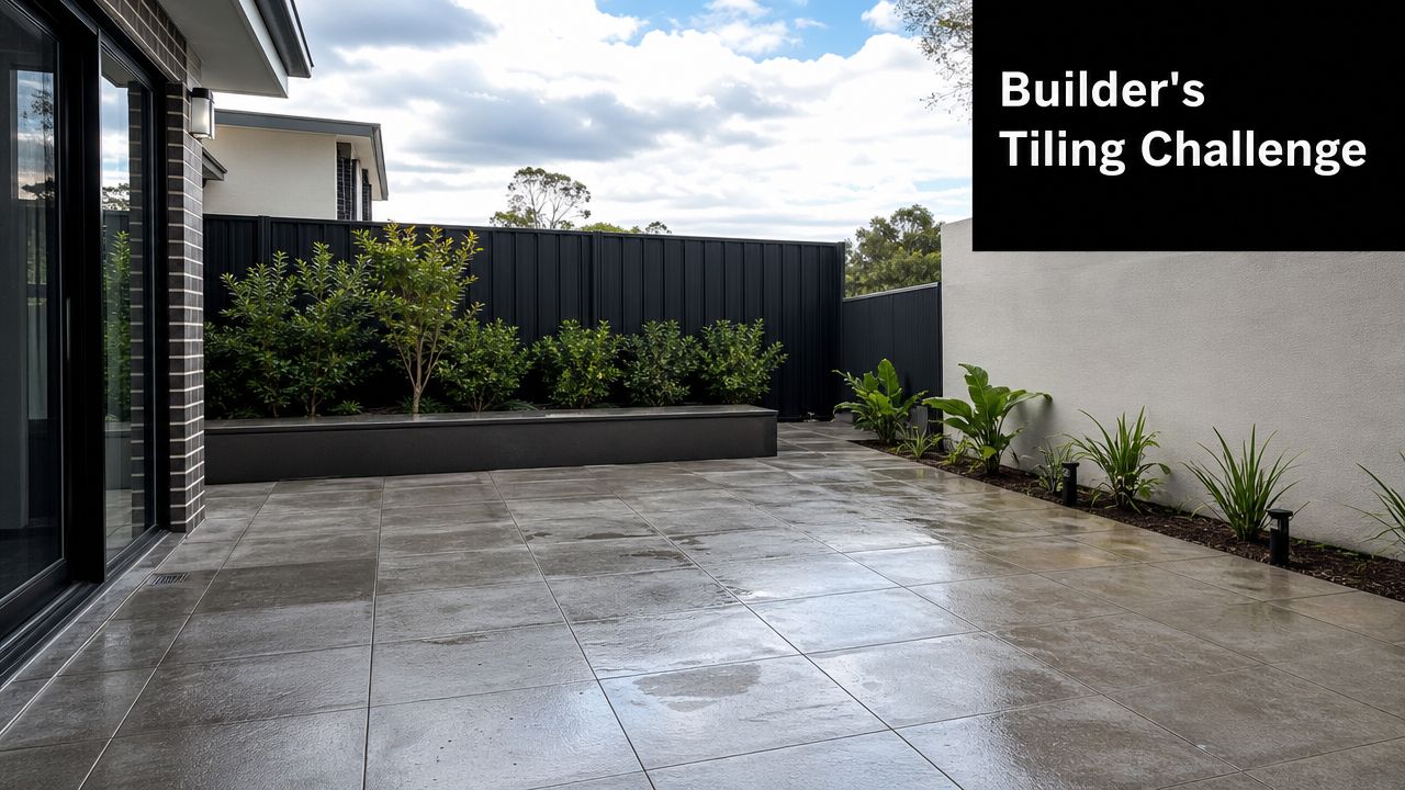 A modern outdoor patio space featuring large grey tiles and a landscaped garden bed against a fence.