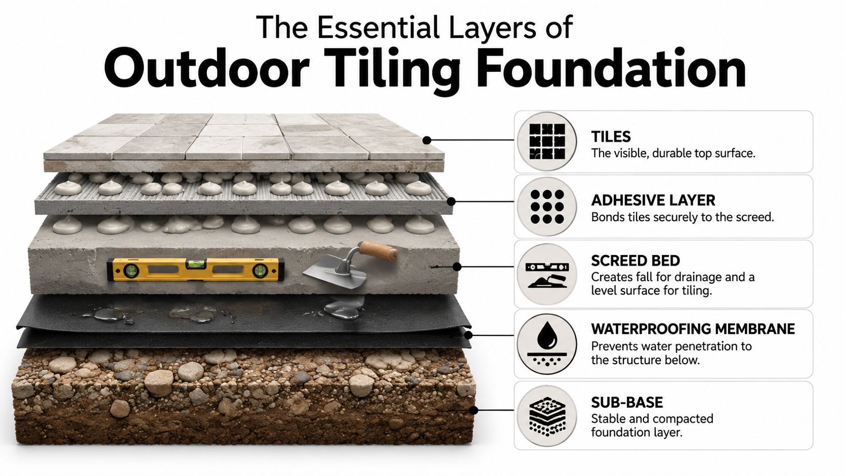 A diagram illustrating the essential construction layers of an outdoor tiling foundation, including base, membrane, and screed.