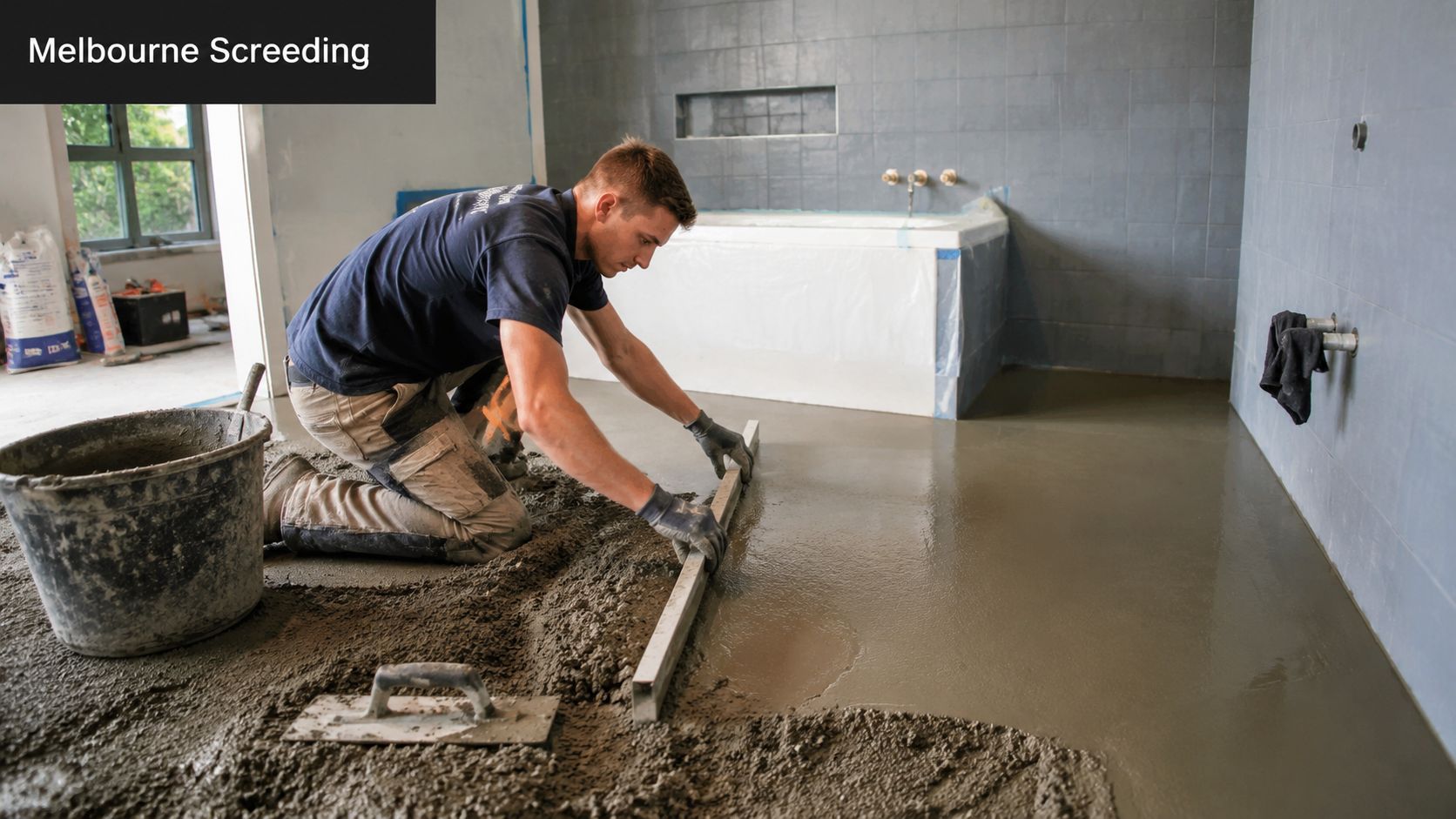 A professional construction worker kneeling on the floor, leveling wet cement screed in a modern bathroom renovation.