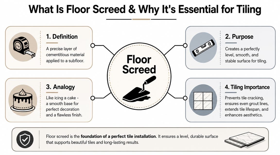 An infographic explaining what floor screed is, its purpose, an analogy, and its importance for tile installation.