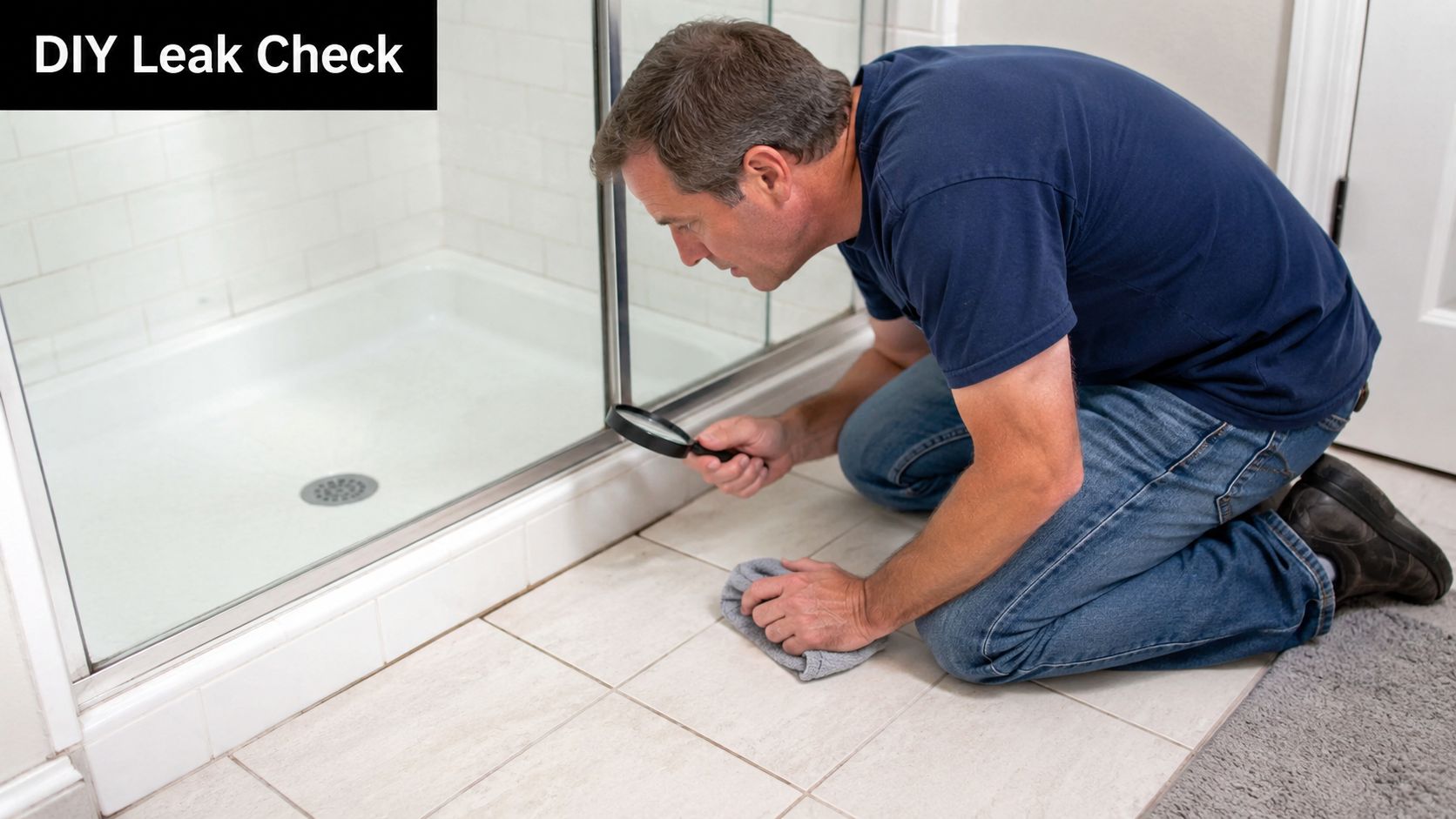 A man kneels on a bathroom floor inspecting a shower enclosure frame for leaks using a magnifying glass.