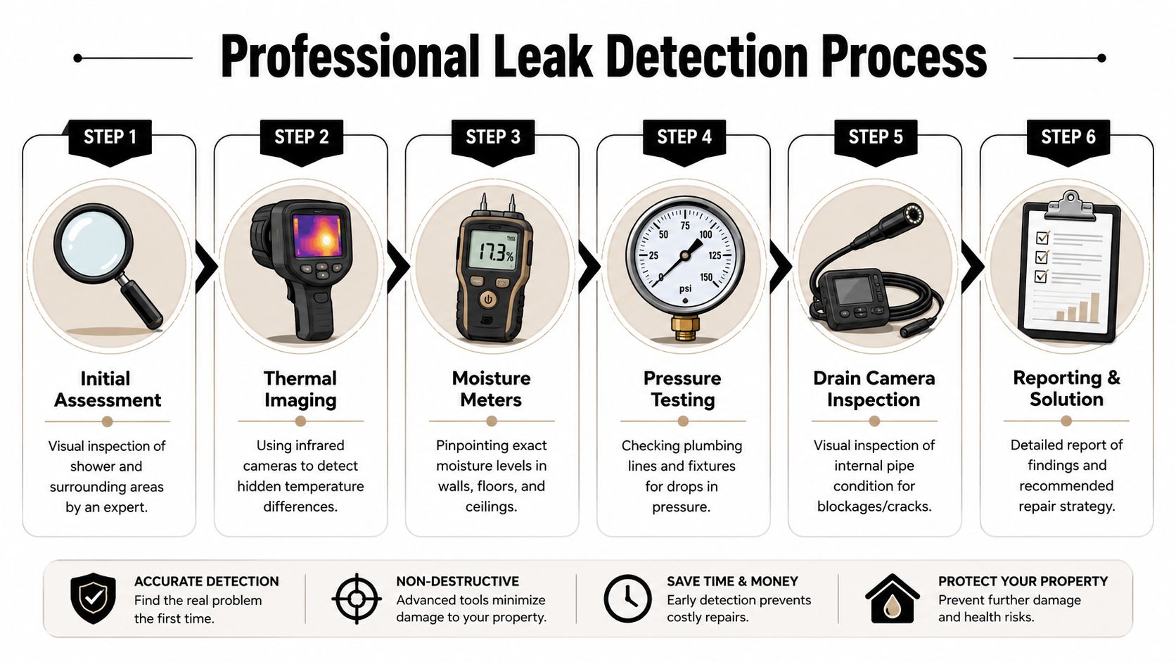A six-step infographic detailing the professional leak detection process for plumbing, including inspection and reporting.