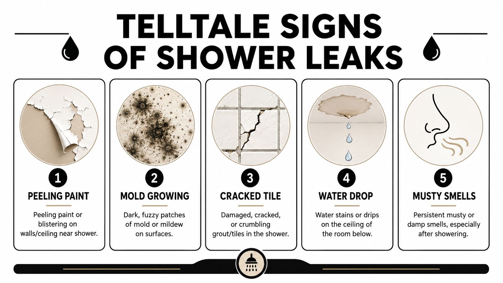 An infographic detailing five common signs of shower leaks including peeling paint, mold growth, and cracked tiles.