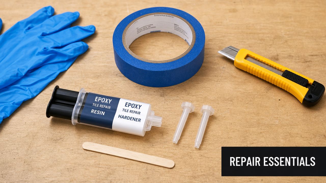 An overhead view of a home improvement kit featuring tile repair epoxy, blue painter's tape, and tools.