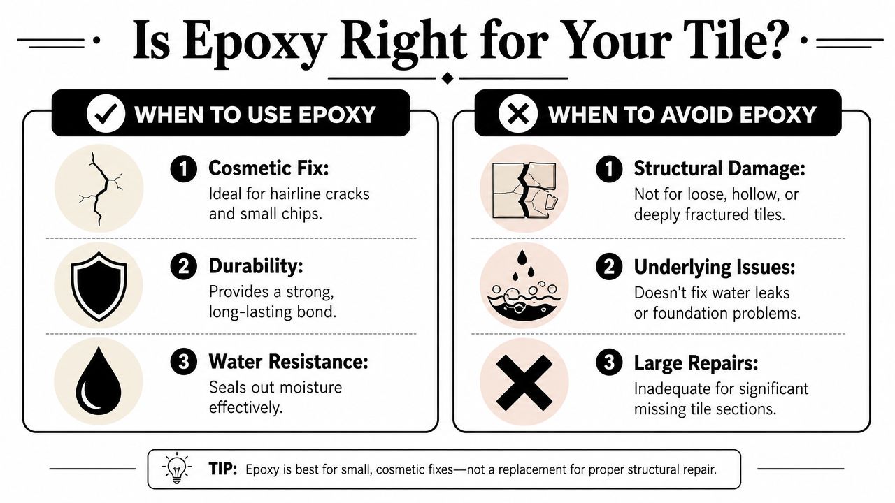 An infographic titled Is Epoxy Right for Your Tile outlining when to use and avoid epoxy for repairs.