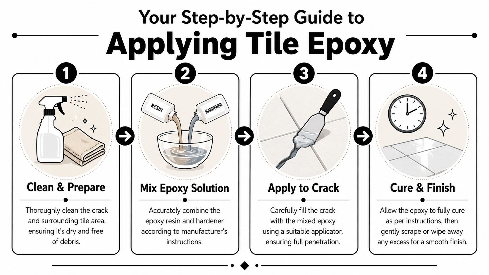 A four-step instructional infographic guide showing how to repair cracked floor tiles using epoxy solution.