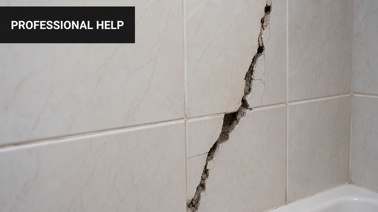 A close-up view of a large, jagged crack running through light-colored ceramic bathroom wall tiles.