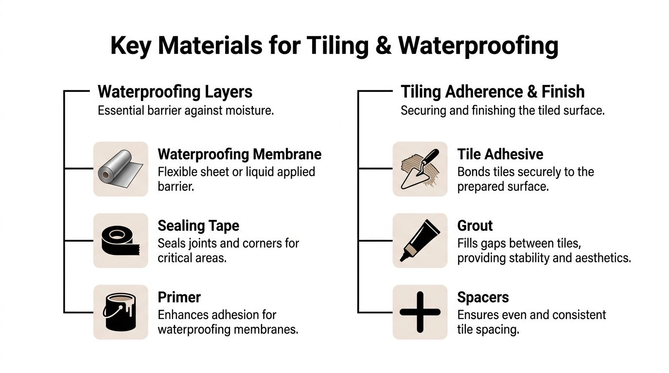 A diagram outlining key materials used for effective professional tiling and waterproofing projects.
