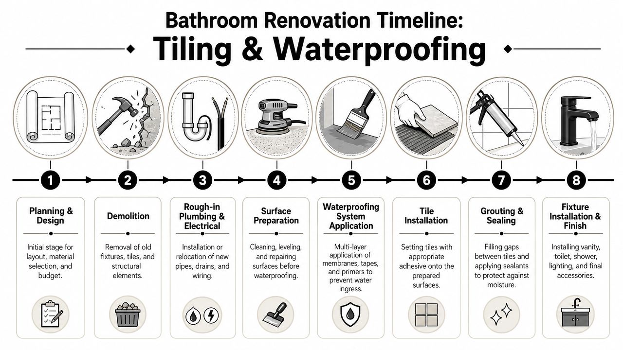 A linear infographic outlining the eight key steps for a successful bathroom renovation including tiling and waterproofing.