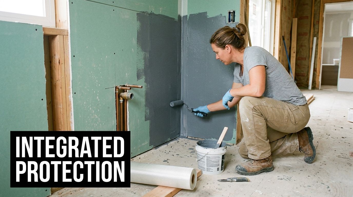 A woman kneeling on a construction site, applying grey waterproof sealant to green moisture-resistant drywall.